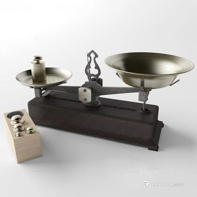 Traditional Commercial Balance Scale with Metal Weights and Wooden Storage Case 3d model 
