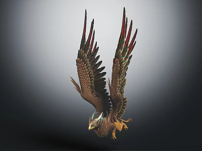 Majestic Flying Eagle With Spreading Wings And Brown Red Green Feathers Soaring 3d model