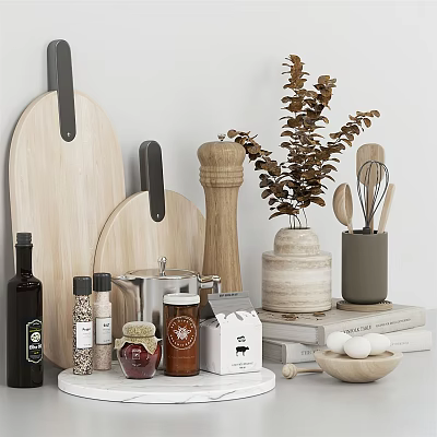 Essential Wooden Kitchenware Set With Cutting Boards Pepper Mills Whisks Spice Jars And Decorative Plant 3d model
