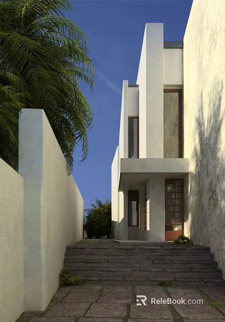 Modern Detached Villa Exterior Design With White Facade Large Windows And Greenery 3d model 