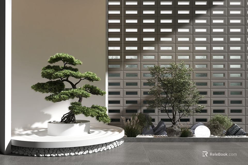 Modern Plant Combination With Bonsai Pine Olive Tree Lattice Wall White Pedestal And Stone Accents 3d model 