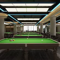Modern Billiard Room Featuring Multiple Green Felt Tables Ceiling Lights And Plants 3d model
