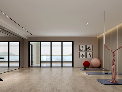 Spacious Yoga Fitness Studio With Large Windows Natural Light Wooden Floors And Workout Props 3d model