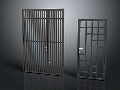 Dark Metal Furniture Doors Including Double With Vertical Slats And Single With Geometric Grid Design 3d model