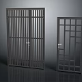 Dark Metal Furniture Doors Including Double With Vertical Slats And Single With Geometric Grid Design