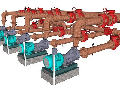 Industrial Mechanical Equipment With Red Pipes Blue Pumps And Valves Setup 3d model