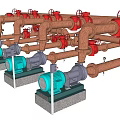 Industrial Mechanical Equipment With Red Pipes Blue Pumps And Valves Setup