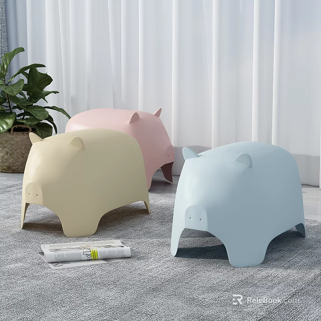 Cute Pig Shaped Stools in Beige Pink and Light Blue for Home Decor 3d model 