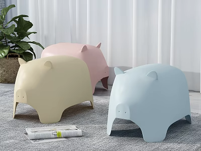 Cute Pig Shaped Stools in Beige Pink and Light Blue for Home Decor 3d model