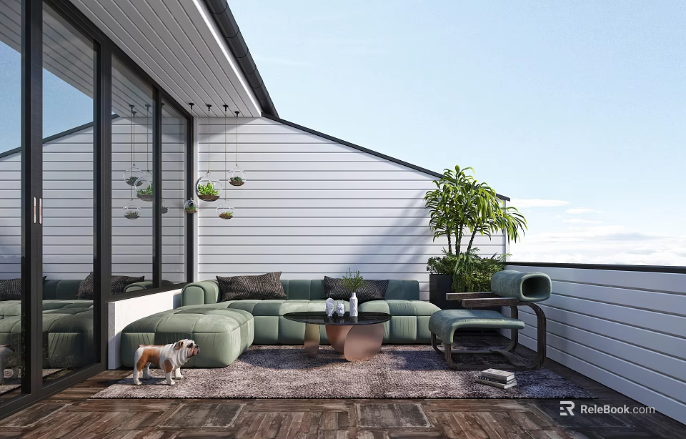 Modern Villa Balcony With Green Sofa Coffee Table And Potted Plants 3d model 
