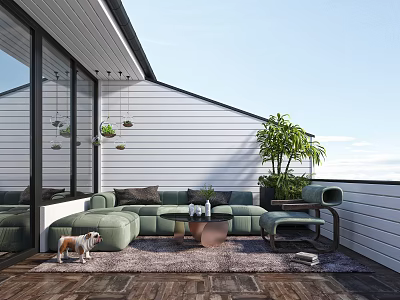 Modern Villa Balcony With Green Sofa Coffee Table And Potted Plants 3d model