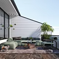 Modern Villa Balcony With Green Sofa Coffee Table And Potted Plants