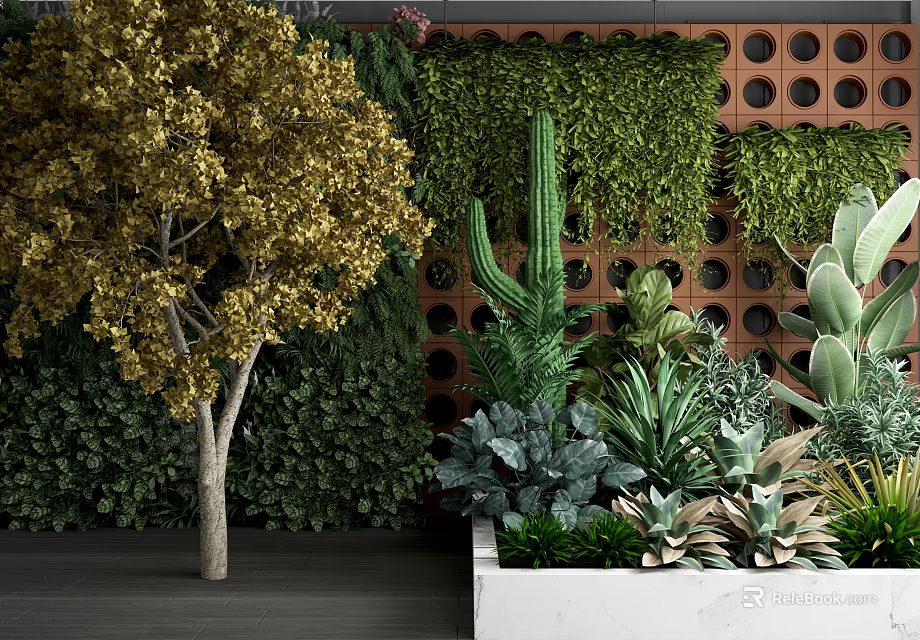 Bonsai Potted Plants With Golden Tree Green Plant Wall Cactus And Succulents In White Planter 3d model 