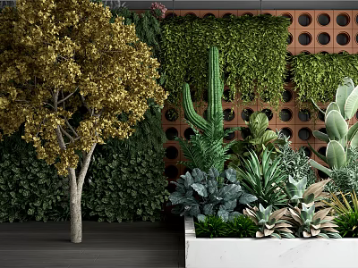 Bonsai Potted Plants With Golden Tree Green Plant Wall Cactus And Succulents In White Planter 3d model
