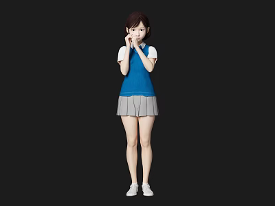 Woman in Blue Vest White Top Gray Pleated Skirt and White Shoes on Simple Black Background 3d model