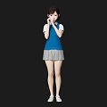 Woman in Blue Vest White Top Gray Pleated Skirt and White Shoes on Simple Black Background