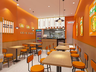 Bright Restaurant Interior With Orange Walls Service Counter Wooden Tables And Menu Posters 3d model