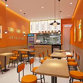 Bright Restaurant Interior With Orange Walls Service Counter Wooden Tables And Menu Posters