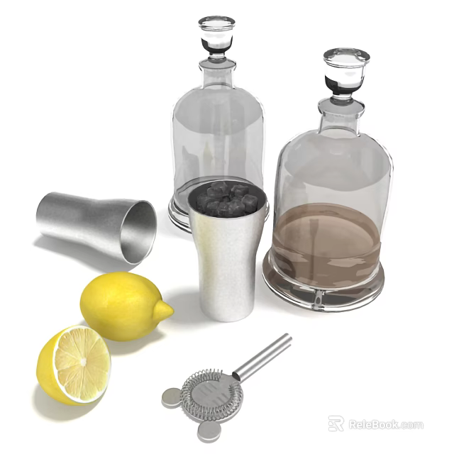 Glass Bottles Silver Cocktail Shaker With Ice Cubes Lemon And Bar Tools 3d model 
