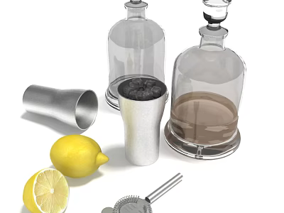 Glass Bottles Silver Cocktail Shaker With Ice Cubes Lemon And Bar Tools 3d model