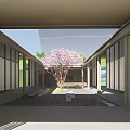 Modern Sales Office Building Featuring Glass Curtain Wall Water Feature And Outdoor Seating Area