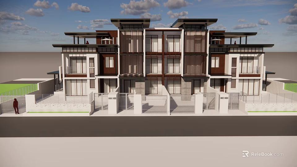 Modern Townhouse Exterior Design With Multi Storey Balconies Windows And Railings 3d model 