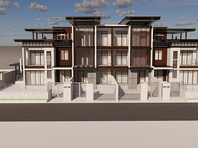 Modern Townhouse Exterior Design With Multi Storey Balconies Windows And Railings 3d model