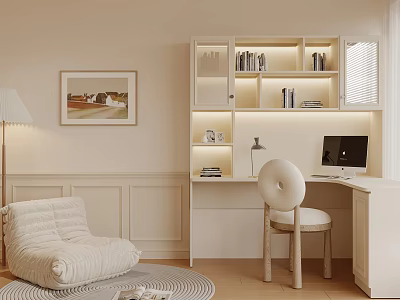 Warm Minimalist Desk Interior With Lit Shelves Round Back Chair Accent Chair And Wall Art 3d model