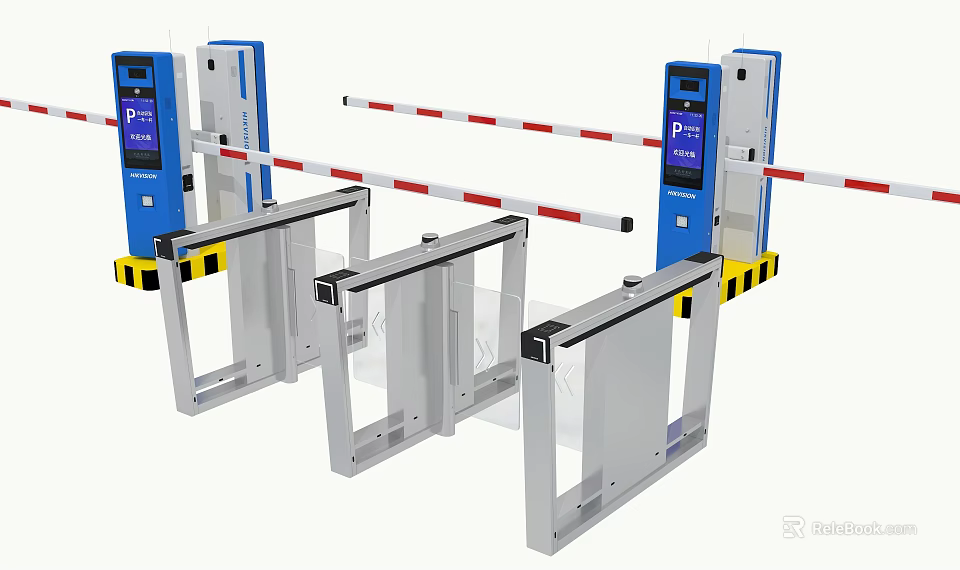 Security Access Control System With Barrier Gates Turnstiles And Blue Screens 3d model 
