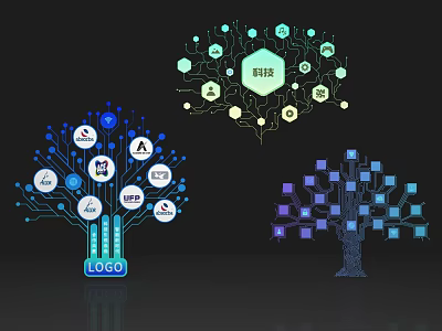 Digital Tech Tree Structure With Green Center Logo And Connected Icons Design 3d model