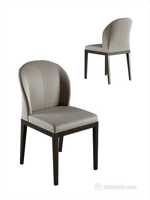 Modern Gray Leather Dining Chair With Curved Backrest Stitching Details And Dark Wood Legs 3d model 