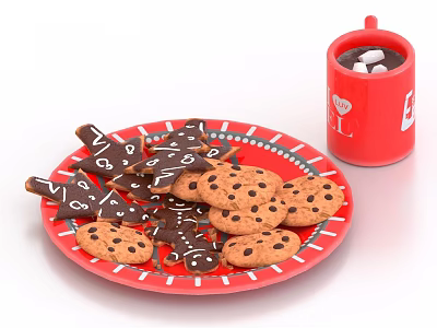 Delicious Assorted Cookies With Chocolate Chip And Decorated Shapes On Red Plate And Red Mug 3d model