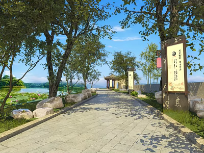 Scenic Park Landscape With Stone Path Lush Trees Wooden Signboards And Lake View 3d model