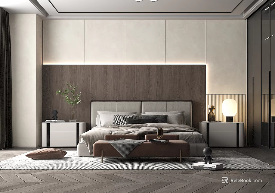 Modern Bedroom Interior With Upholstered Headboard Wooden Panel Wall Nightstands Table Lamps And Herringbone Floor 3d model 