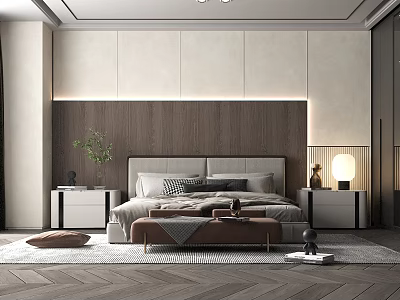Modern Bedroom Interior With Upholstered Headboard Wooden Panel Wall Nightstands Table Lamps And Herringbone Floor 3d model