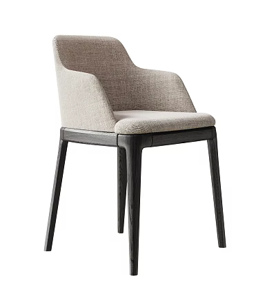 Modern Light Gray Linen Upholstered Dining Chair With Dark Brown Solid Wood Legs 3d model