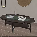 Curved Edge Dark Wooden Coffee Table With Green Marble Top Books And Wall Decor