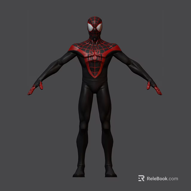 Black and Red Spider Themed Game Movie Character With Web Pattern Mask And Outstretched Arms 3d model 