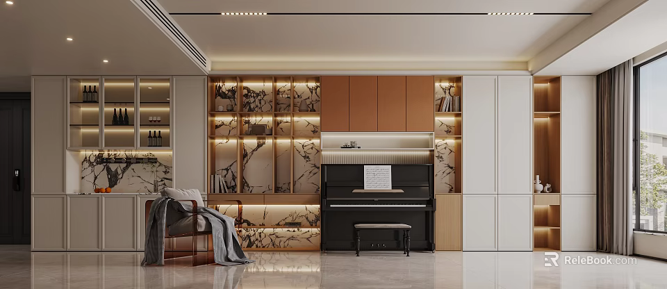 Modern Interior Design With Display Shelves Piano Decorative Items And Lighting 3d model