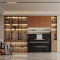 Modern Interior Design With Display Shelves Piano Decorative Items And Lighting 3d model
