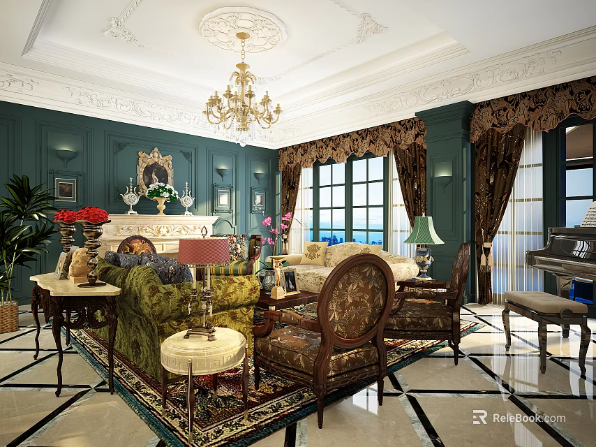 Classic Living Room Interior With Ornate Ceiling Green Walls Chandelier And Fireplace 3d model 