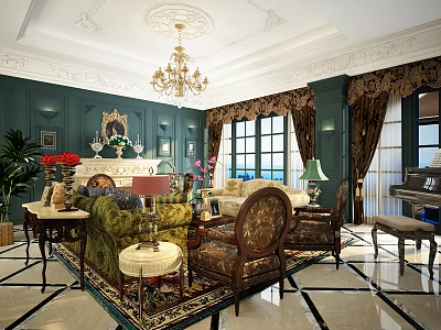 Classic Living Room Interior With Ornate Ceiling Green Walls Chandelier And Fireplace 3d model
