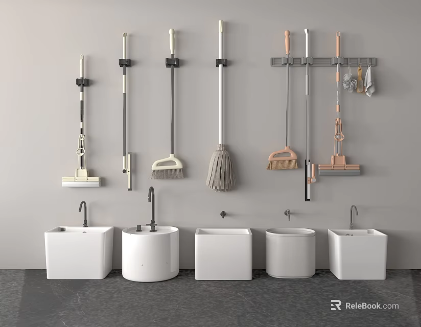 Wall Mounted Cleaning Tools And White Sinks For Bathroom Organization Setup 3d model