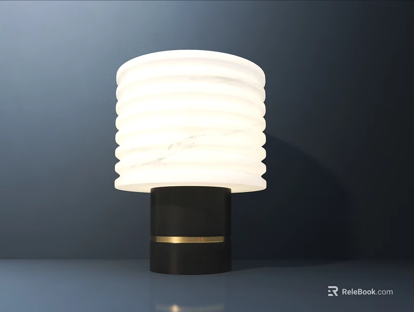 Elegant White Striped Table Lamp With Black Base And Golden Ring Against Dark Blue Background 3d model 