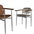 Brown Leather And Beige Fabric Dining Chairs With Wooden Armrests And Metal Legs