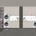 Modern Laundry Room Design With Washing Machines Cabinets Marble Countertop And Decorative Plants