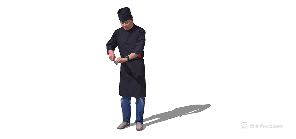 Man In Black Chef Uniform Preparing Food With Sharp Knife And Tools 3d model 