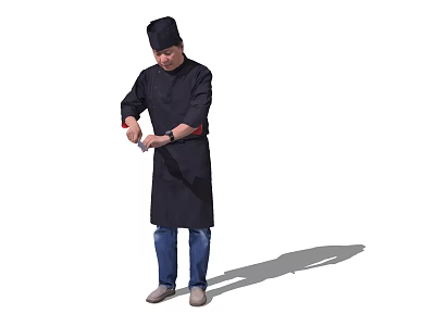 Man In Black Chef Uniform Preparing Food With Sharp Knife And Tools 3d model