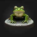 Detailed Green Frog Statue With Cracked Stone Base And Realistic Features