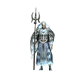 Game Movie Character In Blue Gray Robe With Flowing Edges Holding Upright Spear